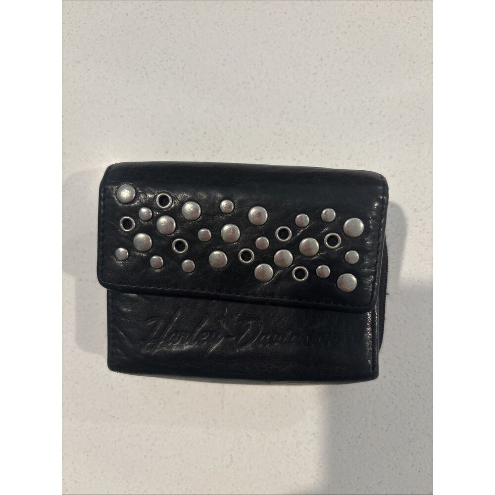 Harley-Davidson Black Studded Zip Wallet w/ Logo, Folding Credit Card